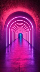 Fototapeta premium Vibrant neon arches illuminate an empty tunnel space with colorful reflections at night