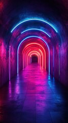 Obraz premium Neon-lit tunnel creates a vibrant atmosphere with glowing arches in a darkened passageway