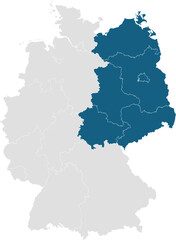 map of germany with 16 separated federal states, east blue and west germany in gray