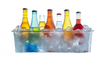 A container filled with ice and a selection of refreshing bottled drinks isolated on a transparent background