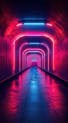 Bright neon lights illuminate an empty tunnel at night creating a vibrant and futuristic atmosphere