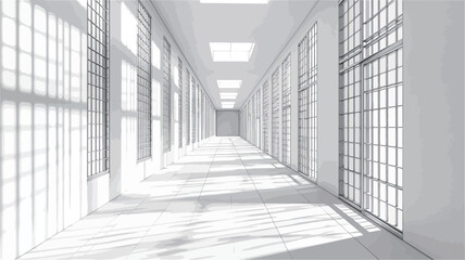 Fototapeta premium The image depicts a long, straight corridor rendered entirely in shades of white. Sunlight streams in through large, regularly spaced windows along both sides of the hallway, casting