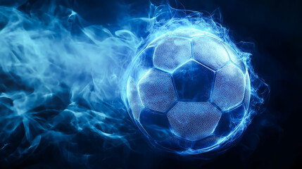 Naklejka premium A football with vibrant blue glowing neon lines, surrounded by swirling smoke on a dark background