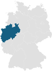 gray map of germany with 16 separated federal states, North Rhine-Westphalia highlighted blue 