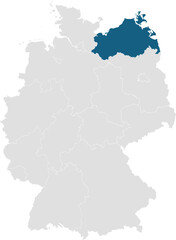 Obraz premium gray map of germany with 16 separated federal states, Mecklenburg-Western Pomerania highlighted blue 