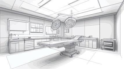 The image is a grayscale architectural sketch depicting the interior of an operating room.  The sketch is rendered in a style resembling a line drawing or blueprint, showing the layout and