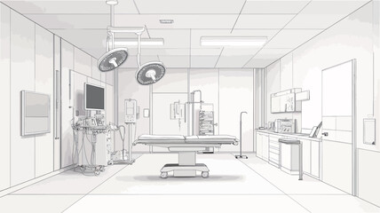 The image is a 3D wireframe rendering of a modern medical examination room.  The rendering is monochromatic, in shades of gray, giving it a blueprint-like appearance. The room is depicted