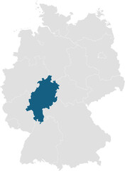 gray map of germany with 16 separated federal states, Hesse highlighted blue 