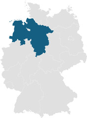  gray map of germany with 16 separated federal states, Lower Saxony highlighted blue 