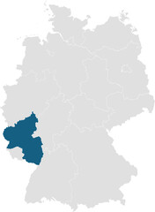 gray map of germany with 16 separated federal states, Rhineland-Palatinate highlighted blue 