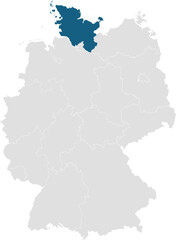 gray map of germany with 16 separated federal states, Schleswig-Holstein highlighted blue 