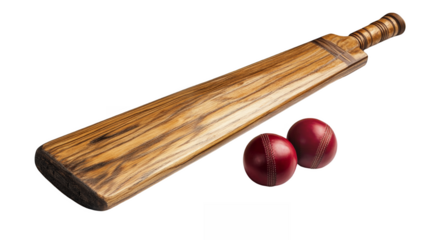 A classic cricket bat with a polished wooden finish positioned upright isolated on a transparent background