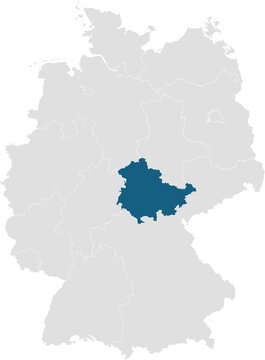 gray map of germany with 16 separated federal states, Thuringia (Free State) highlighted blue 