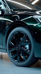 Close up view of a black car's tire and wheel, showcasing a sleek, modern design. The dark background emphasizes the vehicle's glossy finish and highlights the details of the wheel spokes.