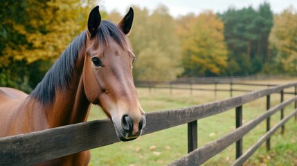 Naklejka premium Brown horse by a wooden fence, looking towards the camera, in a field with autumn trees.