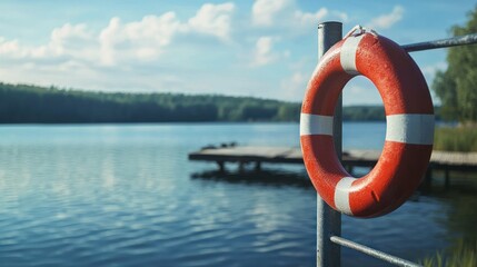 A red and white ring buoy hanging on a metal pole by a dock, with a lake in the background.
