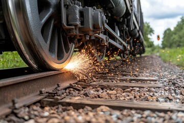 Close-up of train wheel creating sparks on rail track, Train wheel grinding against the rail, causing bright sparks.