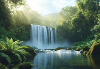 Serene Waterfall in Lush Green Forest Surrounded by Radiant Sunlight and Vibrant Ferns Reflecting in Calm Water Below