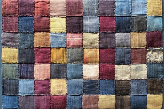 Colorful patchwork quilt design featuring square fabric pieces in a variety of textures and hues vintage textile art