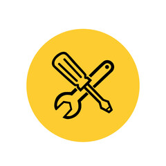 Vector icon of a wrench and screwdriver crossed over a yellow circle. Represents tools, maintenance, repair, or technical support. Clean, minimal, and versatile design. isolated on white background