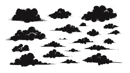The image contains a collection of various-sized black cloud silhouettes against a white background.  The clouds are depicted in a simple, cartoonish style with varying degrees of fullness