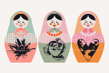 Matryoshka dolls. Symbol of Russian culture and traditional art. Vector set, collection, illustration, print, postcard, design elements