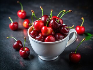 Close-up of Juicy Red Cherries in a Cup - Summer Fruit Flat Lay