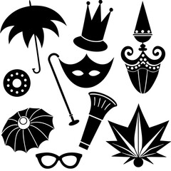 set of mustaches and hats. Carnival icons, Mardi Gras symbols, black and white illustrations, festive elements 