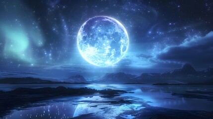 Breathtaking Moonlit Nightscape with Glowing Aurora and Starry Sky Reflected in Serene Lake