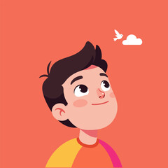 Cartoon Boy Looking Up at Bird and Cloud with Joyful Expression