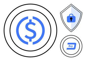 Central dollar symbol within concentric circles, shield with lock icon, and buy icon. Ideal for finance, digital security, e-commerce, online payments, fintech, cybersecurity and digital