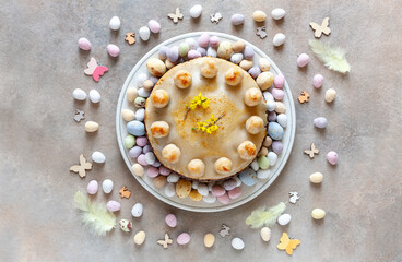 Homemade Simnel Cake traditional English Easter marzipan cake. Top view