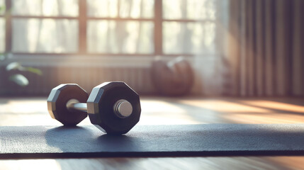 A dumbbell place on yoga mat in gym. Gym equipment, Fitness wellness and healthy active lifestyle concept