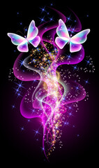 Fantastic butterflies and magical curving transparent waves with glowing stars on night dark background