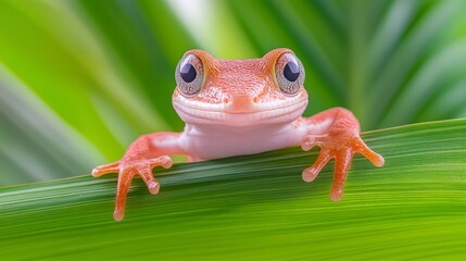 Obraz premium Close up of a small, reddish orange frog perched on a vibrant green leaf. The frog has large, dark eyes and a cheerful expression. The background is blurred but shows more green foliage.