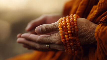 A close-up of a monkâs hand holding prayer beads during silent mantra chanting