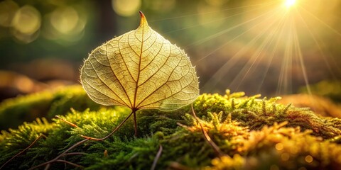 Obraz premium A Single, Illuminated Leaf Rests Gently Upon a Bed of Lush, Golden Moss, Bathed in the Warm Embrace of Sunlight