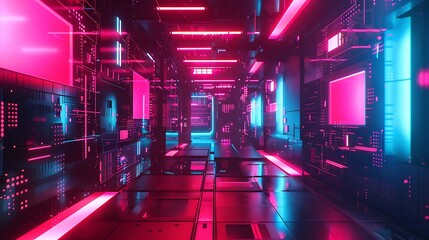 Fototapeta premium Neon Cyberpunk Corridor: A Digital Dreamscape