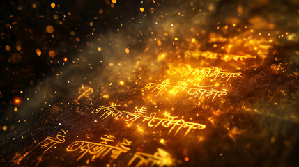 The words of an ancient mantra appearing in glowing air as they are spoken