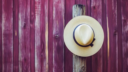 Straw Hat Hanging on Wooden Post Against Vintage Red Barn Wall Background