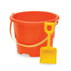 A bright orange bucket with a yellow shovel, ideal for beach play or gardening activities.