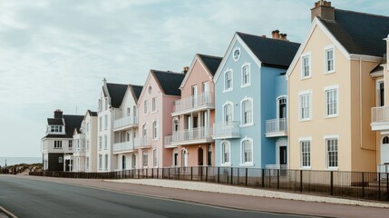 Colorful Row of Modern Homes Along a Seaside Boulevard Under a Cloudy Sky