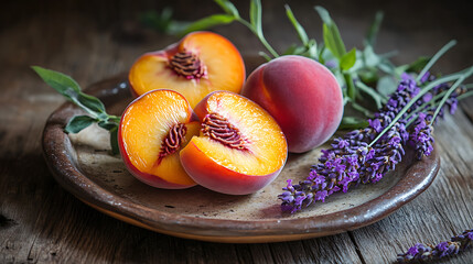 Rustic wooden plate with peaches and lavender on wooden surface, vibrant and natural fruit arrangement