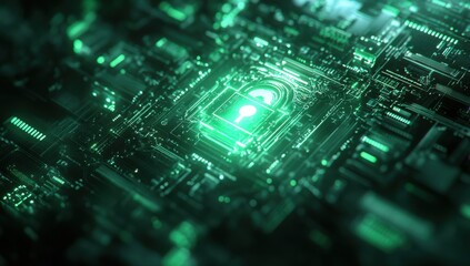 Abstract illustration of a futuristic digital circuit board with glowing green elements and a central lock symbol representing cybersecurity and data protection