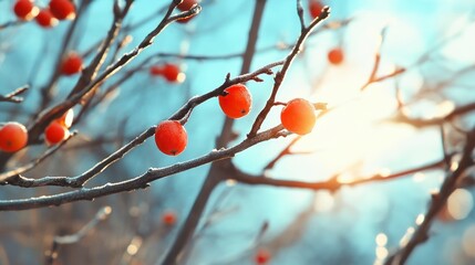 Close up of red berries on a frost covered branch, backlit by warm sunlight. Winter scene with a soft, dreamy light. 