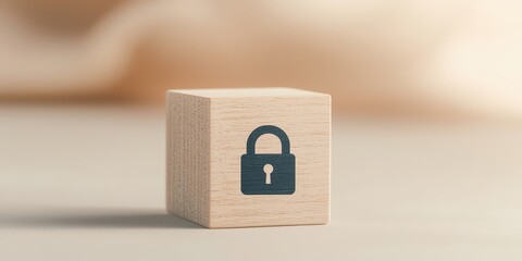 Information security goals. Wooden block featuring a lock symbol on a soft background, representing security and protection.