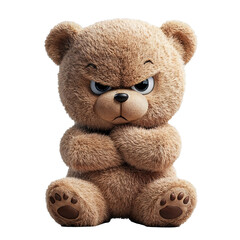 A teddy bear with an angry expression on his face. On a white background. Grumpy style