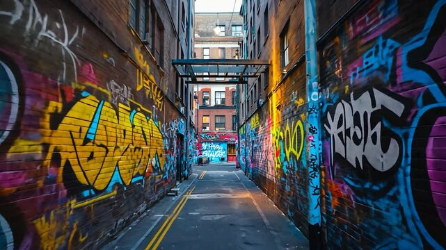 Alleyway with colorful graffiti on brick walls