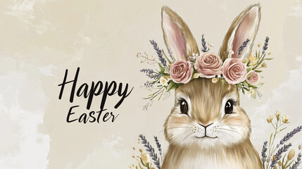 Easter bunny illustration in boho style with floral crown and "Happy Easter" text