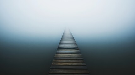 Serene Wooden Dock Extending into a Mystical Foggy Landscape Over Still Water